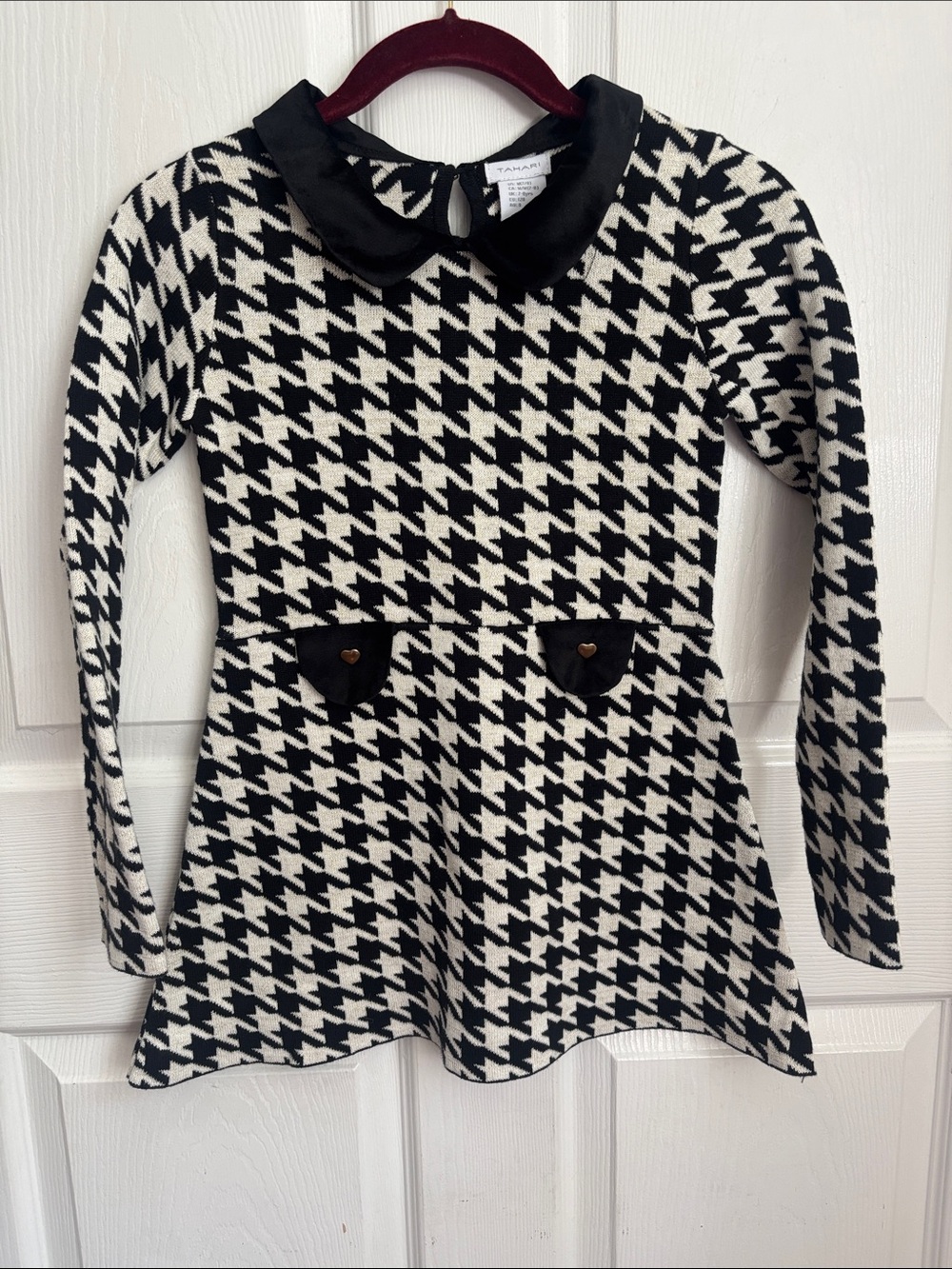 NEW Kid’s Tahari Black & White Houndstooth Knit Dress with Peter Pan Collar Sz 7